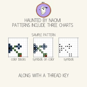 Op de afbeelding: Een digitaal kruissteekpatroon voor een geest met een vleermuis. Het patroon bevat drie diagrammen: kleurblokken, symbolen op kleur en symbolen. De tekst "HAUNTED BY NAOMI" en "PATTERNS INCLUDE THREE CHARTS" staat bovenaan de afbeelding. De tekst "SAMPLE PATTERN" staat boven de drie diagrammen. De tekst "ALONG WITH A THREAD KEY" staat onderaan de afbeelding.