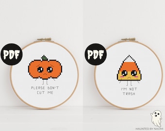 emo candy corn and pumpkin cross stitch patterns. funny Halloween. please don’t cut me. i’m not trash. spooky autumn and October decor.