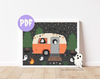 haunted summer camping cross stitch pattern. rv decor. cute ghosts roasting marshmallows, campfire under the stars, trees. digital wall art.