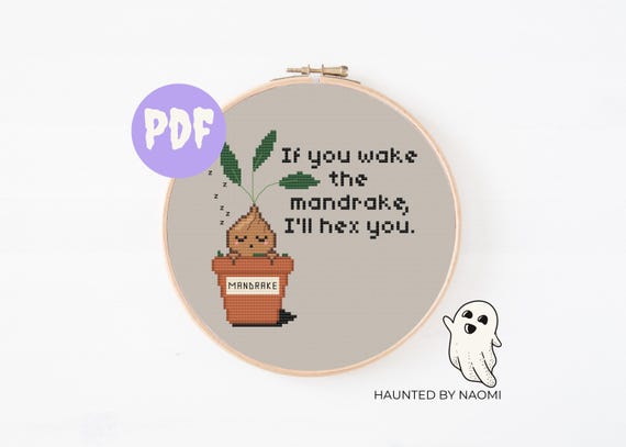 don't wake the mandrake nursery cross stitch pattern. magical witch/wizard cottagecore decor. funny diy baby shower gift. crib wall art.