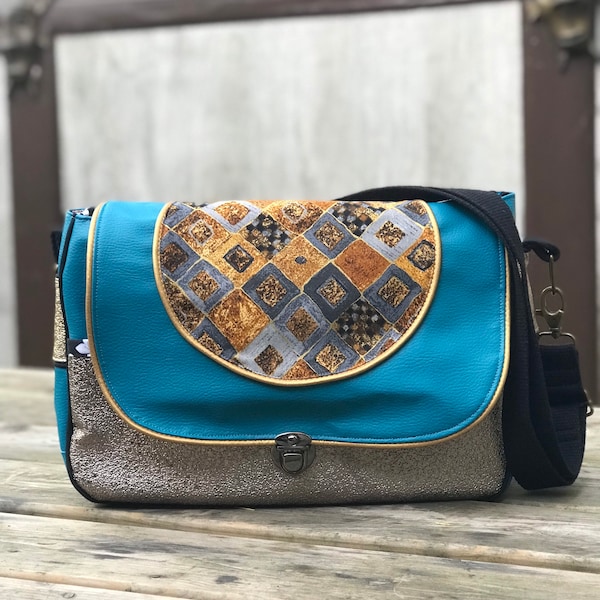 Besace femme simili cuir turquoise et doré