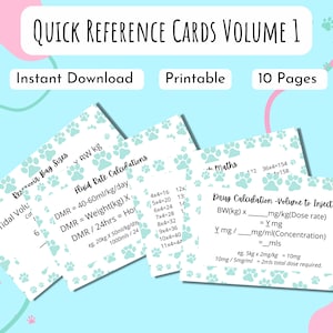 Veterinary Quick Reference Cards Set Volume 1. DIGITAL DOWNLOAD, Printable. Maths, Calculations