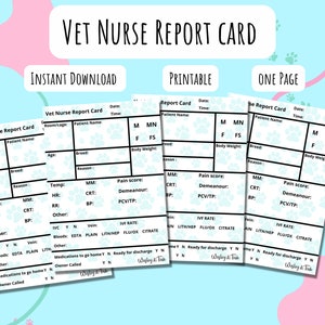 DIGITAL DOWNLOAD Vet Nurse Report Card, TPR, Assessment, Orders, Examination, Tech, Reusable