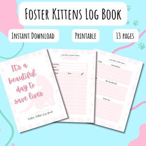 Pink Foster Kitten Log Book, Cat, Orphan, Rescue, Planner, Download, Printable