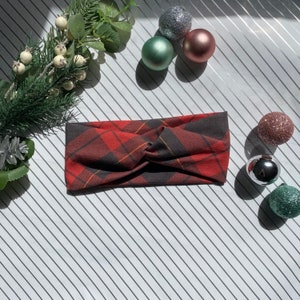 Red Tartan Stretch Headband, Twist, Turban, Christmas, Holidays, Snow, Seasonal, Xmas, Santa, Cat, Candy Cane