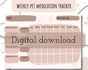 Puede incluir: Plantilla de seguimiento semanal de medicamentos para mascotas imprimible con ilustraciones de huellas de patas. El seguimiento incluye secciones para el nombre de la mascota, el medicamento y la dosis, la frecuencia, la hora y los días de la semana.