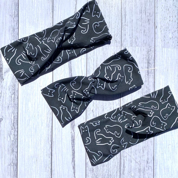 Black Cat Stretch Headband, Twist, Turban, Knot, Meow, Kitten,