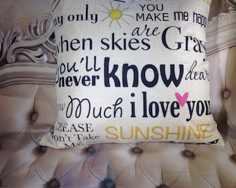 You are my sunshine ,Feather pillow insert and Cotton Linen Cover, 18×18, Free Shipping..