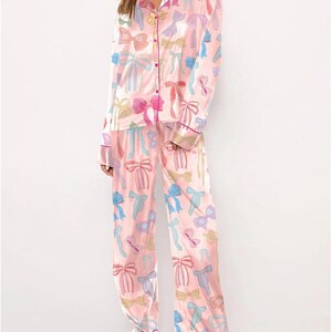 Trendy Watercolor Bows Pajama Set Women Pinky With Colorful - Etsy