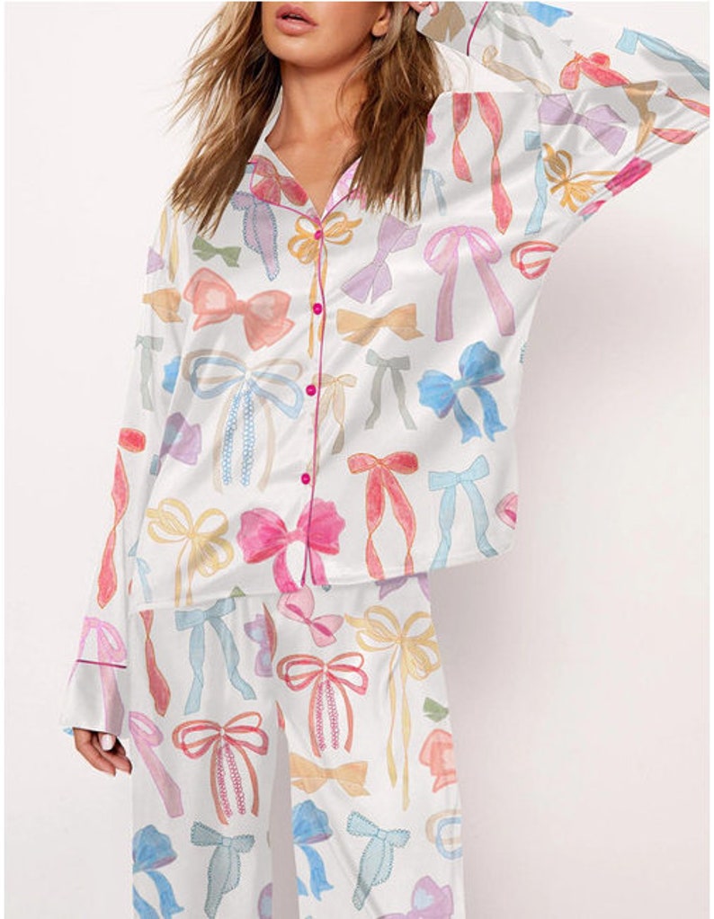 Trendy Watercolor Bows Pajama Set Women Pinky With Colorful - Etsy