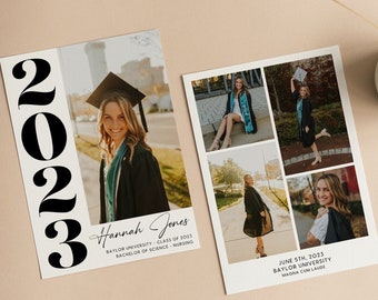 Könnte beinhalten: Zwei Abschlussankündigungen. Eine zeigt den fetten Text "2023" mit einem Foto einer Absolventin in Hut und Robe. Die andere hat vier Fotos der Absolventin. Beide Karten enthalten den Namen, die Universität, den Abschluss und das Abschlussdatum.