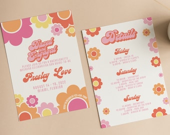 Bewerkbare versuft en betrokken vrijgezellenfeest uitnodiging en reisplan sjabloon Groovy thema Bach Instant Download kip uitnodigen retro design