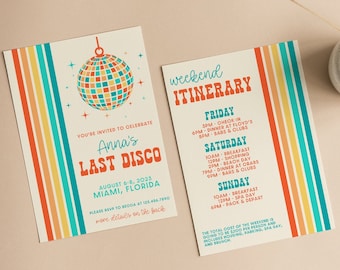 Editable Disco Bachelorette Party Template Invitation and Itinerary Retro Themed Bach Instant Download Invite Last Disco Design