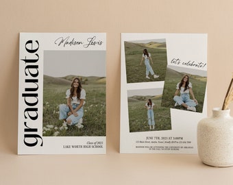 May include: Graduation announcement with a photo of a young woman in a field. The announcement includes the graduate's name, Madison Lewis, the year of graduation, 2023, and the name of the school, Lake Worth High School. The announcement also includes the date and time of the graduation ceremony, June 7th, 2023 at 3:00 PM, and the location, 123 Main Street, Austin, Texas. The announcement also includes the text "let's celebrate!" and the text "Madison will be attending the University of Arkansas in the fall."