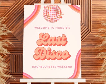 Bewerkbare Last Disco Vrijgezellenfeest Sjabloon Welkomstbord Retro Thema Bach Download Bewegwijzering Disco Design Cowgirl DiscoCowgirl 18x24