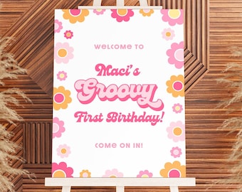 Groovy één verjaardag welkom teken Groovy eerste verjaardag tekenen bloemen eerste verjaardag meisje Groovy één decoraties één Groovy Girl decor