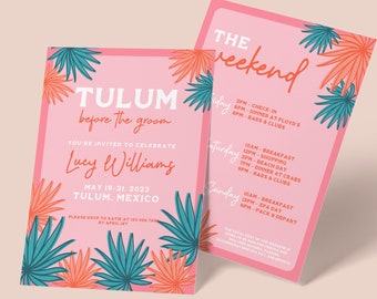 Tulum Bachelorette Invitation modèle itinéraire Bach filles week-end Téléchargement instantané plage Mexique Tulum avant le marié imprimable inviter