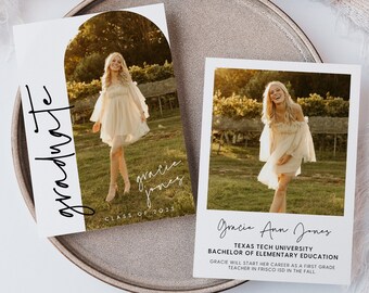 May include: Two graduation announcements on a gray plate. One is vertical with the word "graduate" in script and a photo of a woman in a dress. The other is a photo with the name "Gracie Ann Jones" and her degree from Texas Tech University.