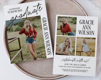 Könnte beinhalten: Abschlussanzeige mit einer Collage von Fotos einer jungen Frau. Die Anzeige enthält den Text "East High School, Klasse von 2024, Absolventin, Gracie Ann Wilson, feiern Sie mit uns! 7. Juni 2023 um 15:00 Uhr, 1217 Main Street, Austin, Texas. Bitte melden Sie sich bis zum 1. Juni unter 123.456.7890 an. Gracie wird im Herbst an der University of Arkansas Pflege studieren."