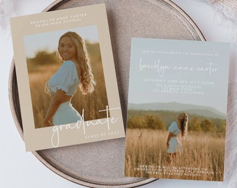 May include: Two graduation announcement cards with a photo of a person in a field. One card is tan with the word "graduate" and "Class of 2023". The other card is light blue with event details.