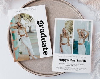 May include: Graduation announcement card with a photo of a young woman in a white tank top and white jeans. The text on the card reads "Aspyn Ray Smith, Palm Springs High School, Class of 2023".