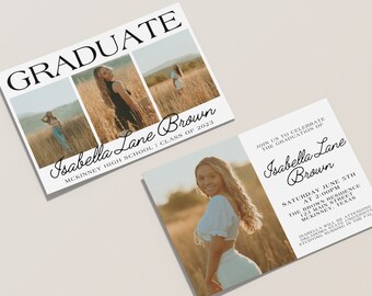 May include: Graduation announcement featuring a photo collage and event details. The design includes the name "Isabella Lane Brown", school information, and the date and time of the graduation celebration. The invitation is printed on white cardstock.