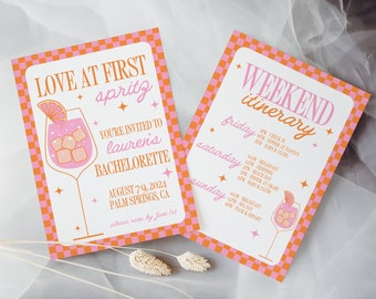 Love At First Spritz Bachelorette Invitation Aperol Spritz Bachelorette Weekend Party Itinerary Invitation Itinerary Pink Orange Themed Bach