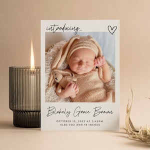 Birth Announcement Card Newborn Baby Photo, Editable Canva Template, Minimalist, Welcome Baby, 100% Custom Digital Card, New Baby, Baby Card
