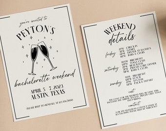 May include: Two cream-colored bachelorette weekend invitations with black text. One invitation reads "Peyton's bachelorette weekend" with event details. The other lists weekend details, including activities and contact information.