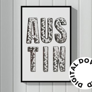 Austin Texas ATX Wall Print Digital Download Printable Disco Ball Letters Aesthetic Art Retro Trendy Modern Black And White Disco Ball Print