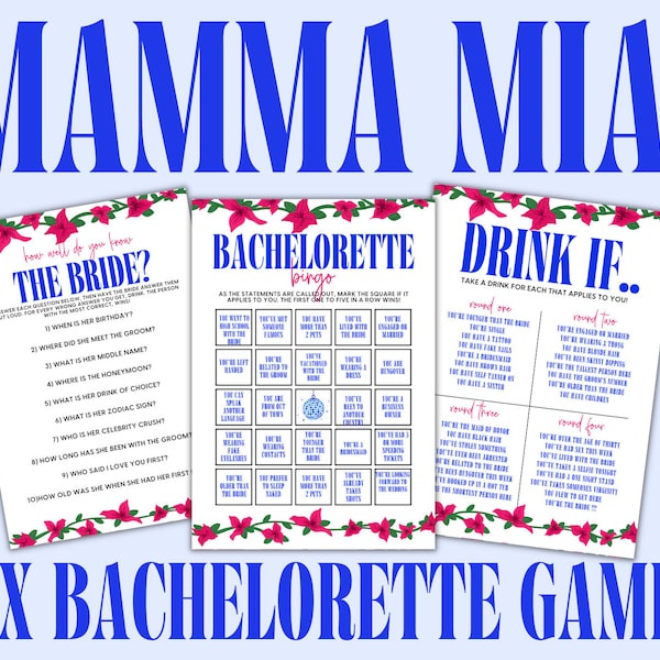 Editable Mamma Mia Themed Bachelorette Party Template Games Six Bachelorette Games Design Bingo Scavenger Hunt Drink If... Bridal Games