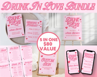 Drunk In Love Bachelorette BUNDLE Downloadable CANVA TEMPLATE Bachelorette Party Invitation Itinerary Welcome Sign Custom Sign Bridal Games