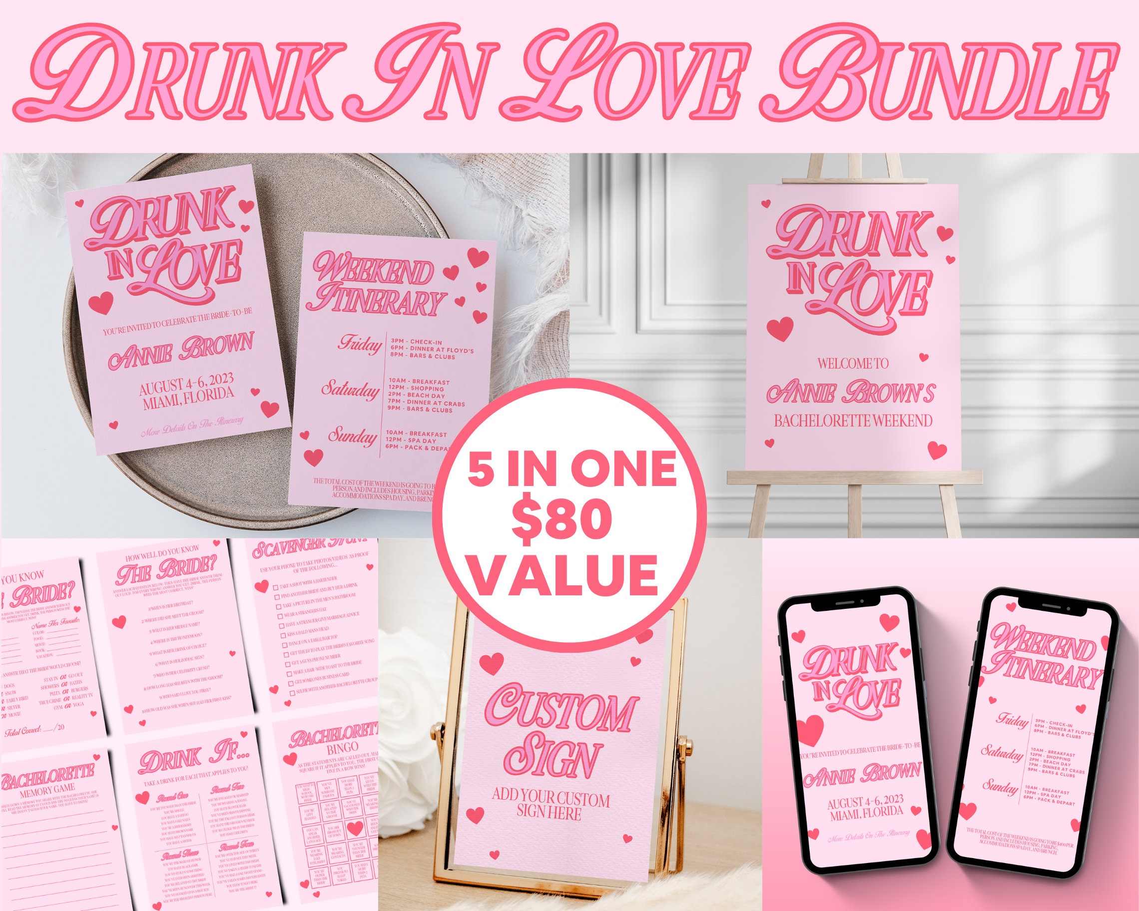 Dronken verliefd Bachelorette BUNDEL Downloadbare CANVA SJABLOON Vrijgezellenfeest uitnodiging route Welkomstbord Aangepaste teken Bruidsspellen