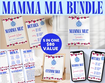 Mamma Mia BUNDLE Plantillas de despedida de soltera Invitación Despedida de soltera Signo de bienvenida Despedida de soltera Invitación móvil Juegos de despedida de soltera