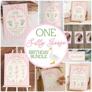 One Silly Goose 1st Birthday Bundle, Goose Invite First Birthday Bundle, 1st Birthday Girl, Pink Gingham Silly Goose Birthday Vintage Bows
