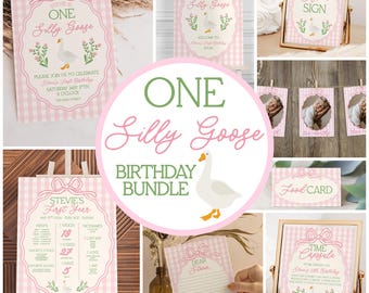 One Silly Goose 1st Birthday Bundle, Goose Invite First Birthday Bundle, 1st Birthday Girl, Pink Gingham Silly Goose Birthday Vintage Bows