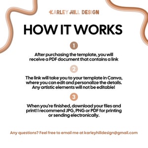 以下が含まれることがあります： 「HOW IT WORKS」というテキストと手順が書かれたグラフィック。テンプレートの使用方法を説明しており、PDFの受信、Canvaでの編集、ファイルのダウンロードが含まれています。デザイナーの名前とメールアドレスも記載されています。