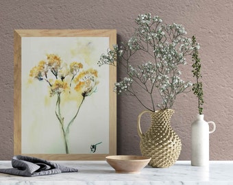 Rustic Yarrow Flower Giclee Print, Semiabstract Romantical Watercolor Artwork, Natural Style Botanical Painting, Serenity Art Gift for Home