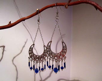 Boucles d'oreille femme, boucles d'oreille perles et tubes bleu, structure argenté