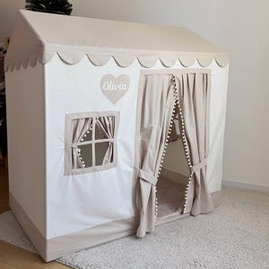 Casita de juegos infantil personalizada, tienda de campaña de algodón para interiores, regalo Montessori neutro, tienda de juegos con nombre personalizado, idea de decoración para habitación infantil