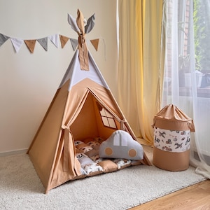 Montessori Spielzelt für Jungen, Beiges Baumwolltipi, Waldabenteuerzimmerdekor, Geburtstagsgeschenkidee, Kleinkind-Innenspielhaus