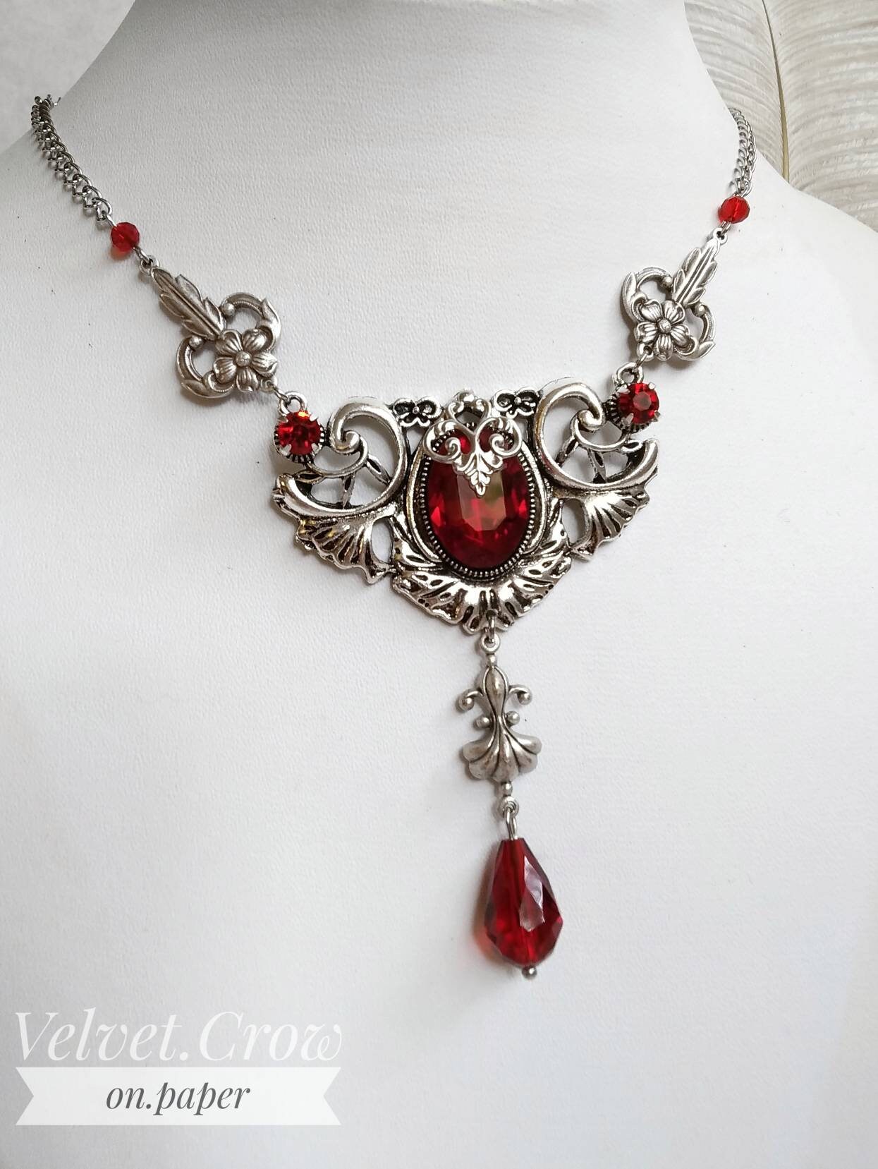 Dark Ruby Red Victorian Gothic Wedding Necklace Antique Silver | Etsy