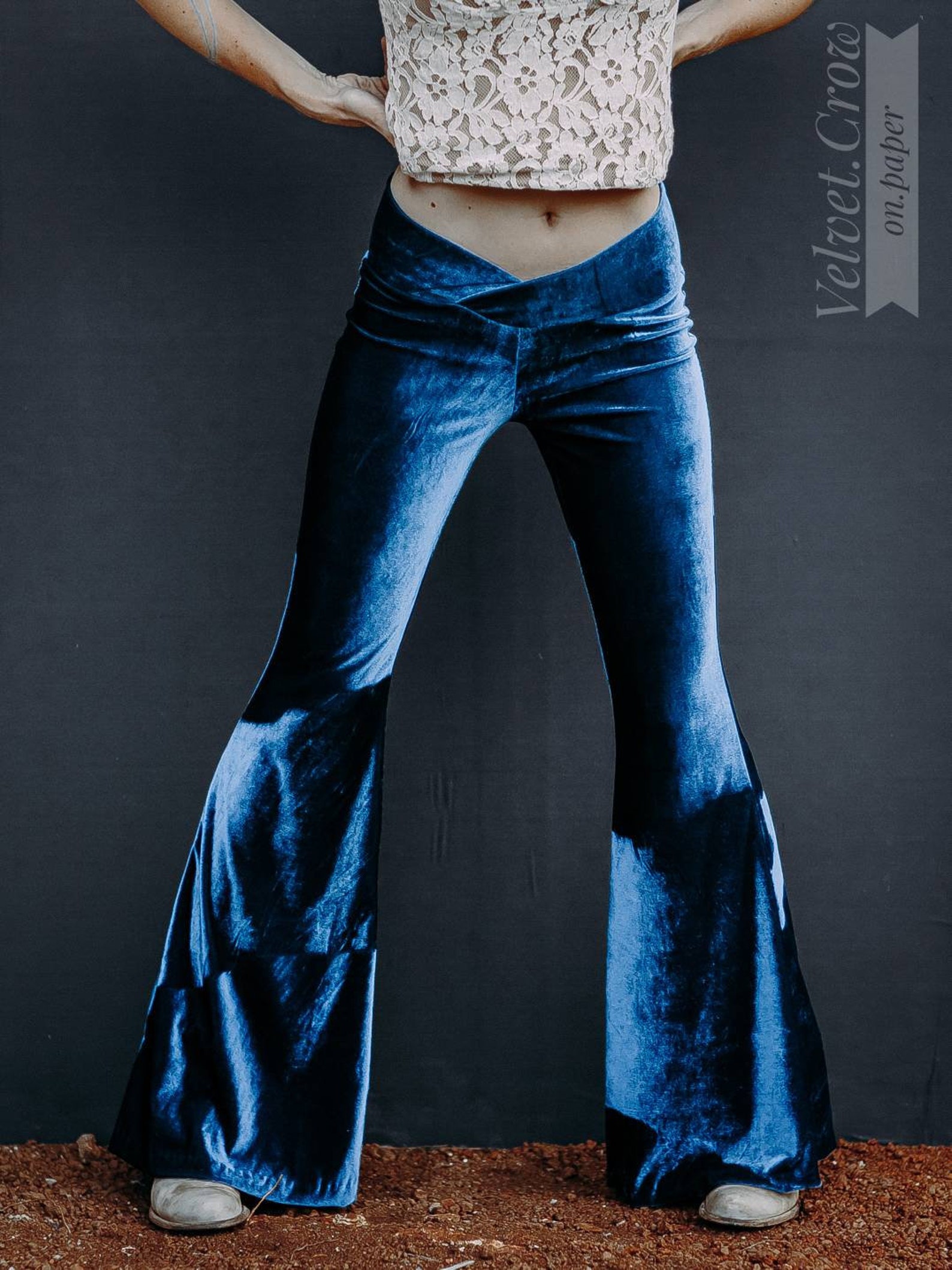 Deep Blue Velvet Bell Bottoms 70s Flared Pants Etsy