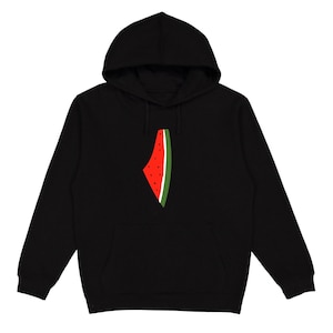 Può includere: Felpa con cappuccio nera con una grafica a fetta di anguria a forma di Israele.