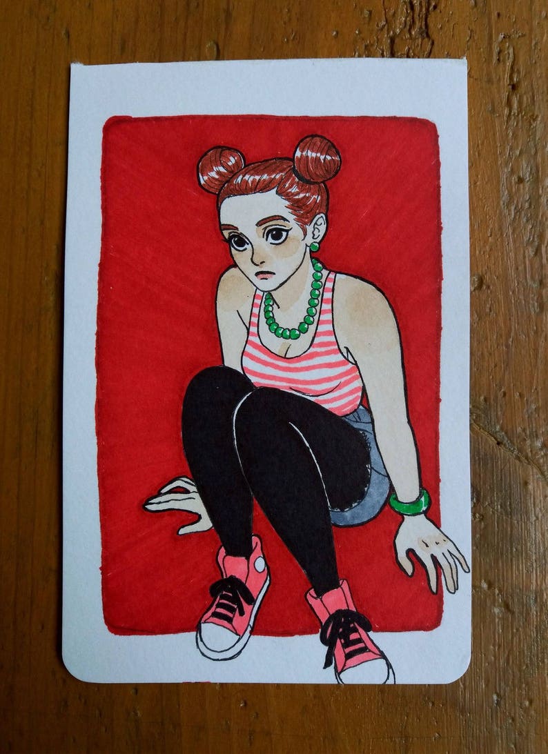 Dessin Original Jeune fille aux double buns Format A6 image 1