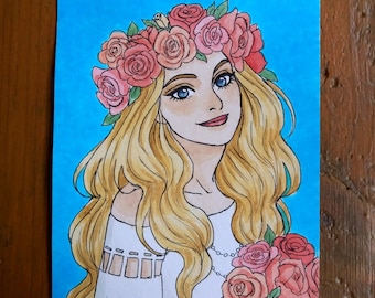 Dessin Original - Jeune femme aux fleurs Format A6