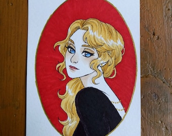 Dessin Original - Jeune femme blonde en médaillon Format A6