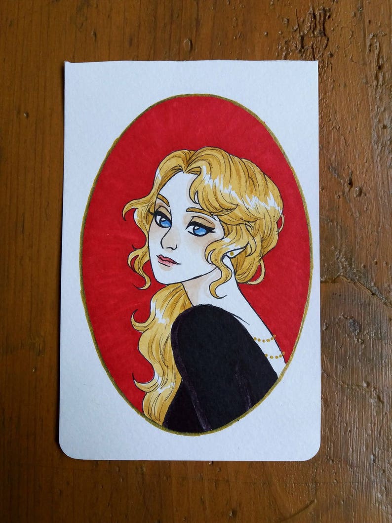 Dessin Original Jeune femme blonde en médaillon Format A6 image 1