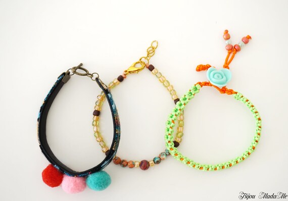 Stackable Gemstone Bracelet Set Stack Summer Pom Pom Bracelets | Etsy