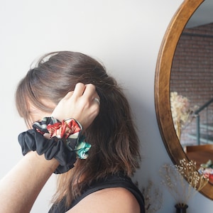 set of two tropical hair scrunchies red, green, black and plain black